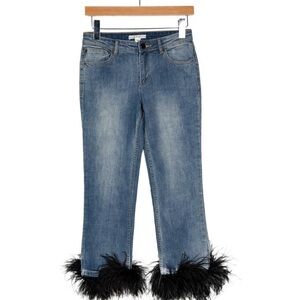 Alice + Olivia Blue Cropped Jeans with Black Feather Trim